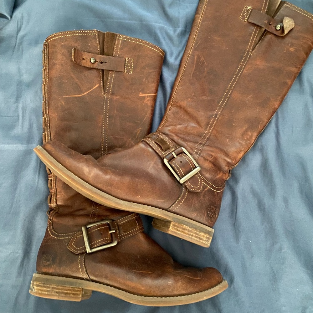 Timberland Brown Leather Block Heel Riding Boots Size 9 Women's